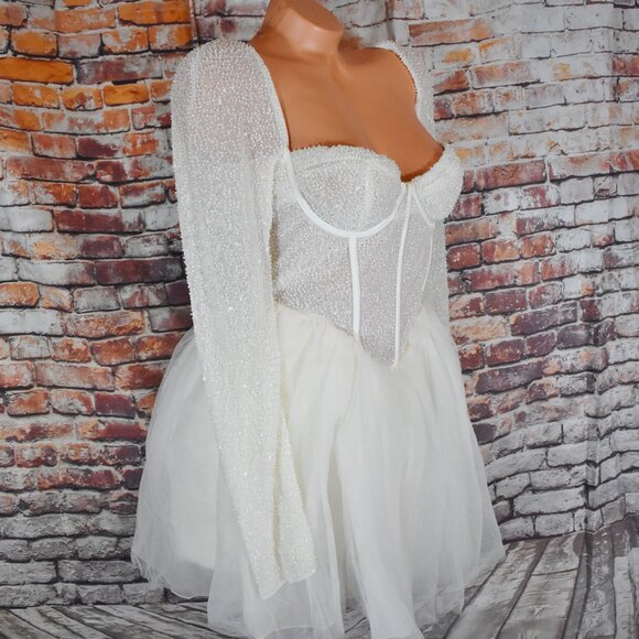Oh Polly Embellished Long Sleeve Tulle Skirt Mini Dress Size 8 White Regular Cup - Picture 10 of 12